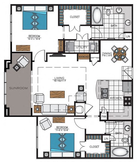 Floor plan for 2 beds, 2 baths, 1319 sqft